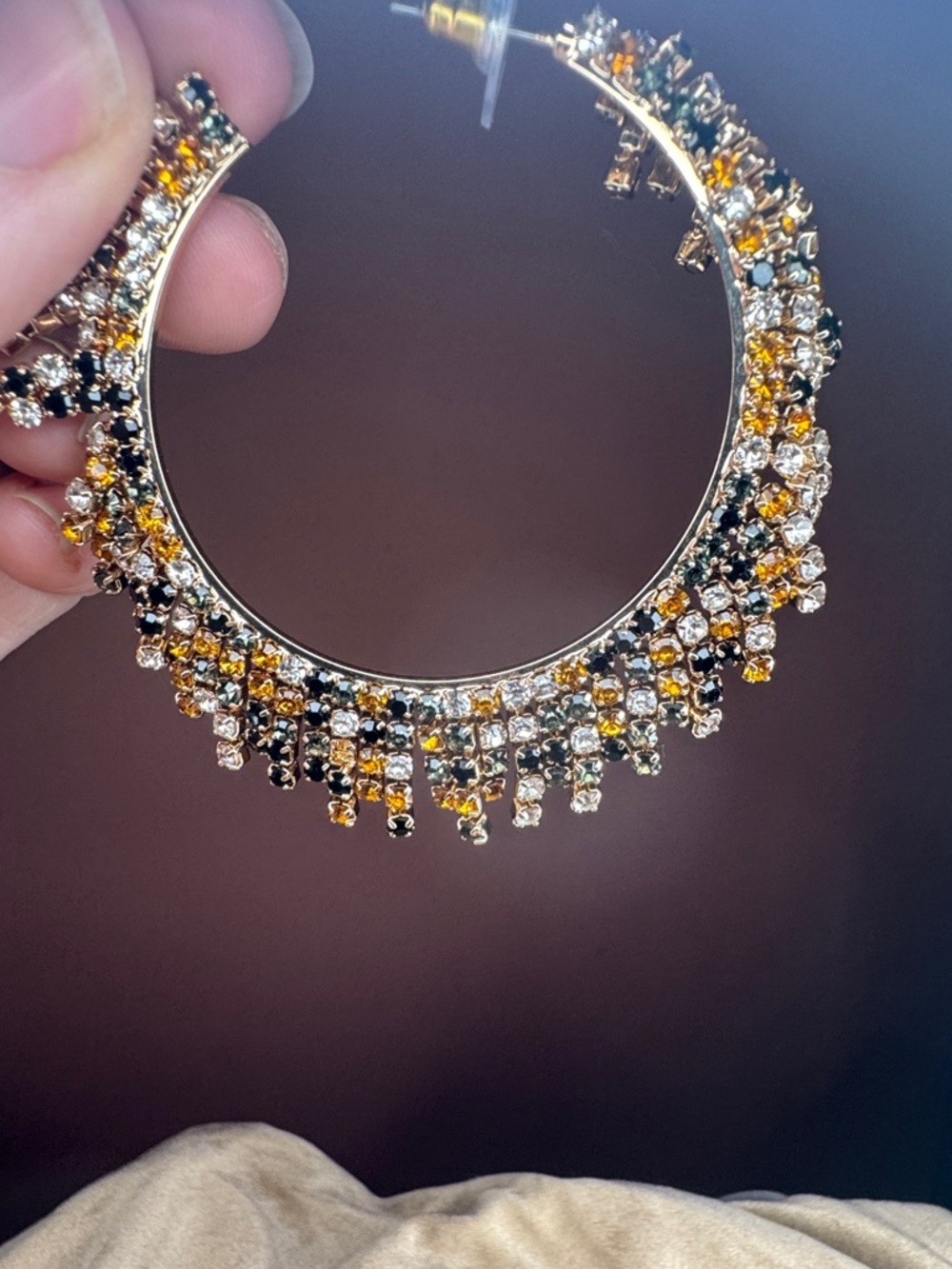 Crystal Fringe Hoop Earrings - Gold, Orange & Black Rhinestones - Fashion